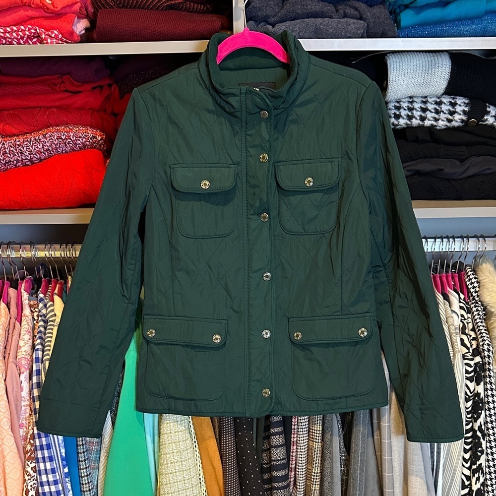 Talbots green long sleeve front zipper/snap closure mock neck rain jacket size S